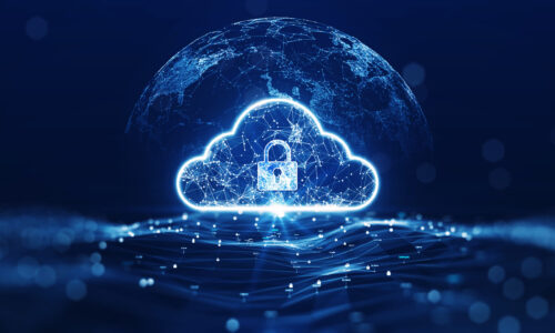 cloud computing technology concept transfer database to cloud. There is a large cloud icon that stands out in the center of the abstract world above the polygon with a dark blue background.